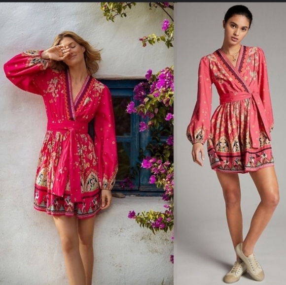 Anthropologie Raquel Long Sleeve Beaded Embroidered Mini Wrap Dress Pink M - Picture 6 of 17